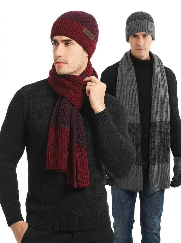 Anniou Men Color Block Rib Knit Hat Scarf  Gloves Set