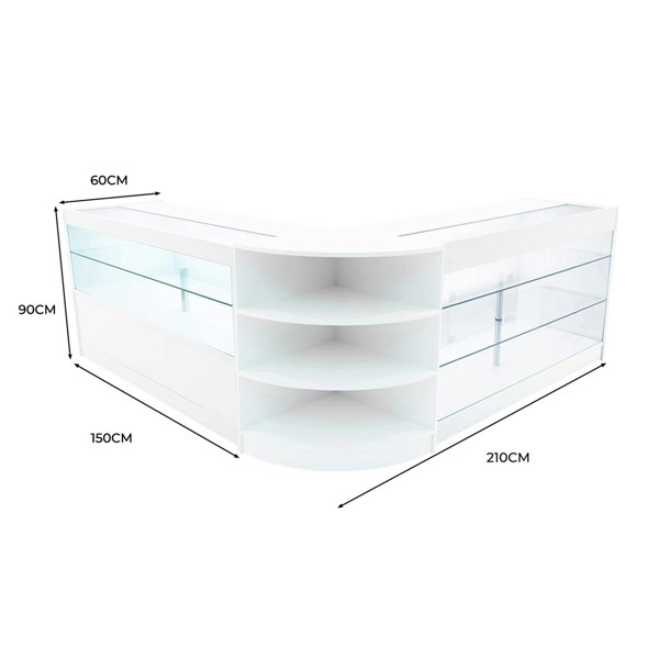 Curved white LED shop counter set with glass display shelves, measuring 210cm wide, 150cm long, and 90cm tall, ideal for retail spaces