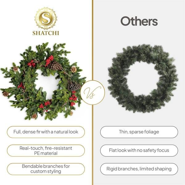 60cm Green Fir Christmas Wreath with Berries and Pine Cones, PE Artificial Door Decoration image 7