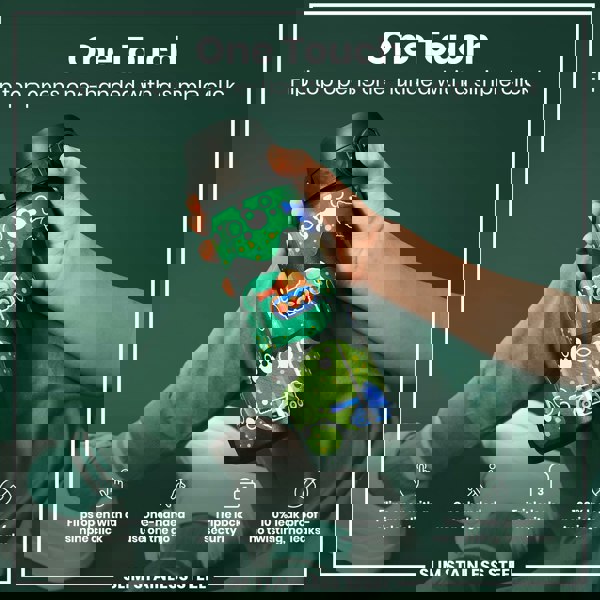 A water bottle, with a flip top, is being held. The bottle is decorated with cartoon tanks. Its features are highlighted: one-handed opening, triple lock security, and leak-proof design. "One Touch," "Flip top opens one-handed with a simple click," "Flips open with a simple click," "One-handed use on the go," "Triple lock security," "100% leak proof – no twisting, no leaks," and "SLIM STAINLESS STEEL" are written.