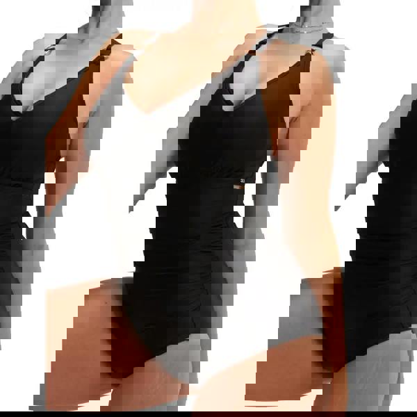 Black Speedo shaping v neck swimsuit with gold accents