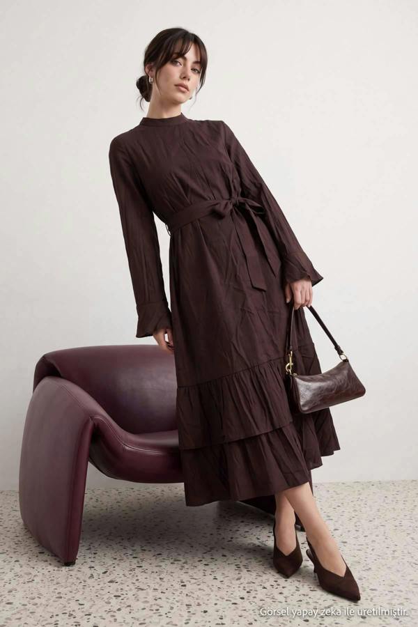 High Neck Long Sleeve A-Line Maxi Dress