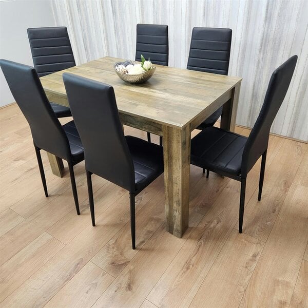 Kosy Koala Dining Table and 6 Black Metal Leather Chairs Rustic Effect Wood Dining Room