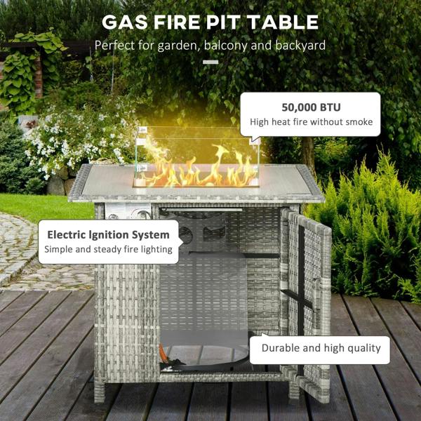 Grey rattan outdoor gas fire pit table with glass windscreen and flames