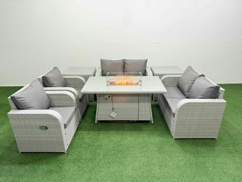Fimous 6 Seater Outdoor Reclining Chair Love Sofa Set Rattan Garden Furniture Set with Fire Pit Dining Table 2 Side Tables Light Grey