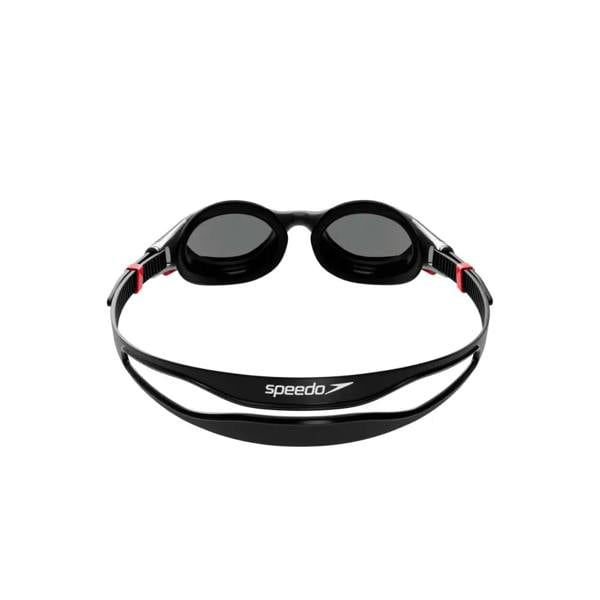 Black Speedo Biofuse 2.0 mirrored swim goggle with red accents