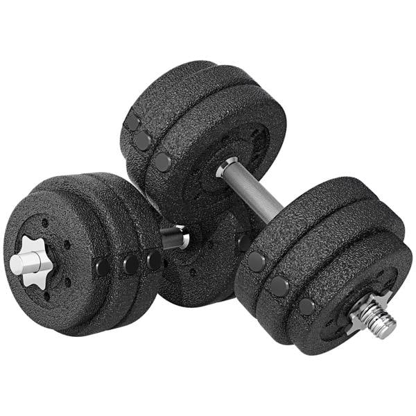 Black adjustable dumbbell set with knurled grip and stacked weight plates