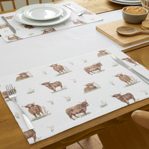 Catherine Lansfield Angus Highland Cow Cotton Dining Placemat 4 Pack Natural