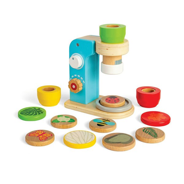 Bigjigs Toys Wooden Microscope - Includes 3 Lenses And 10 Wooden Discs