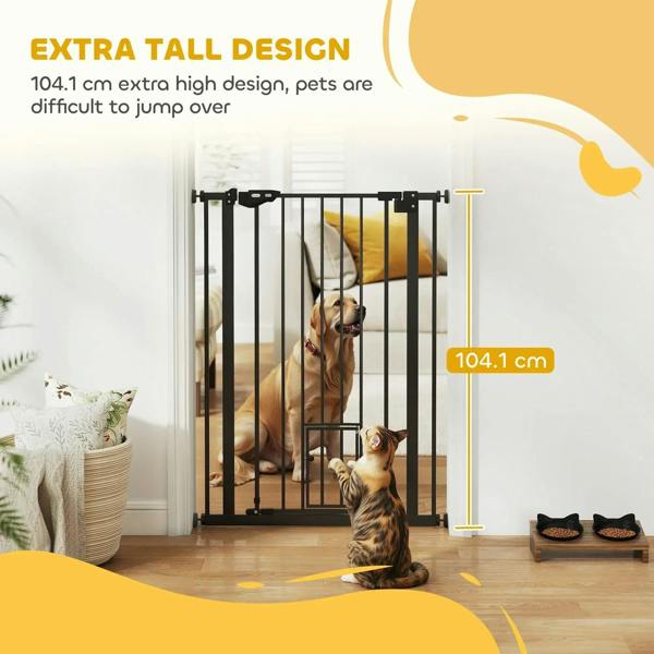 Black extra-tall pet gate with cat flap, height diagram showing 104.1 cm