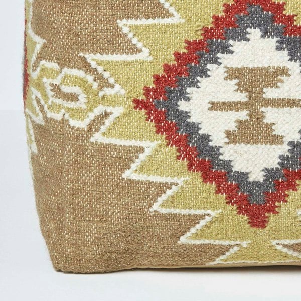 HOMESCAPES Jaipur Brown and Orange Kilim Footstool Handwoven Beanbag Pouffe - 43 x 43 cm