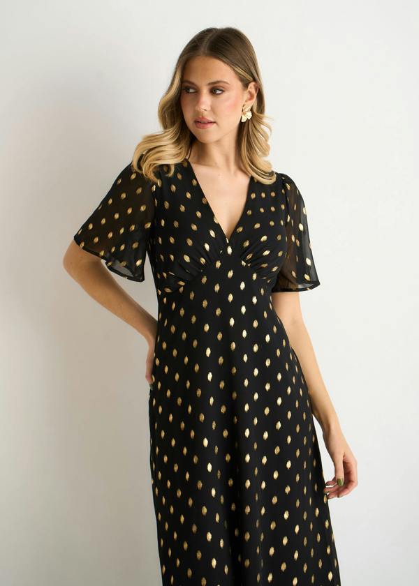 Gini London Black V Neck Foil Midi Skater Dress