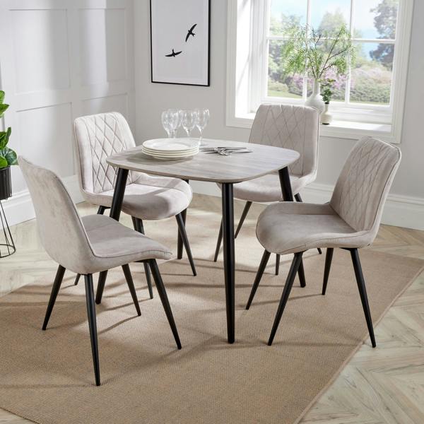Core Products Aspen Dining Set - Grey Oak-Effect Square Table & 4 Upholstered Diamond Stitch Fabric Chairs
