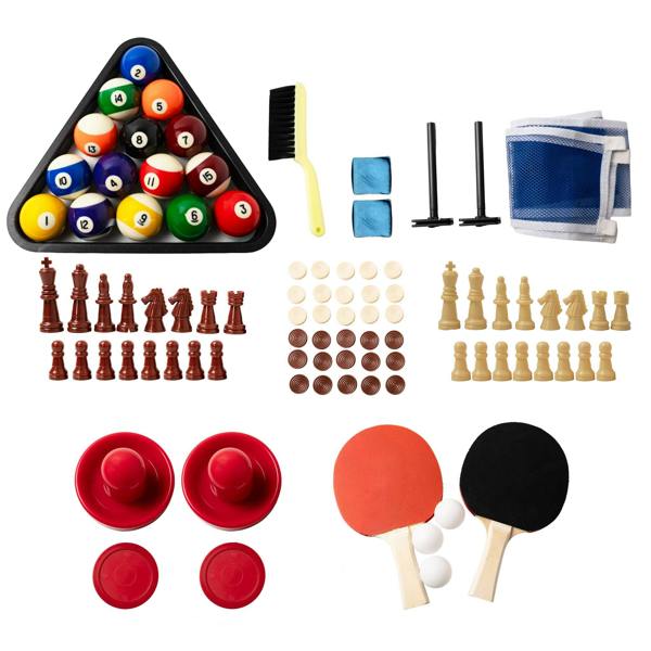 Colorful assortment of game pieces including billiard balls, chess sets, table tennis paddles, and accessories on a white background