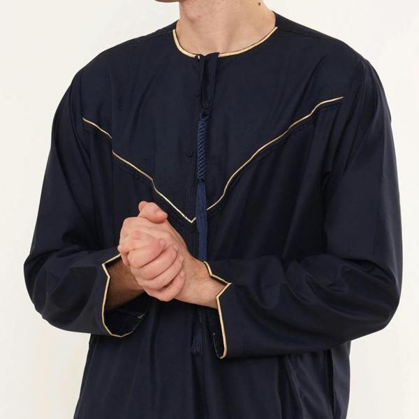 TT-007 - Men's Emirati Omani Gold Embroidery Thobe - Navy - Thobez - 3