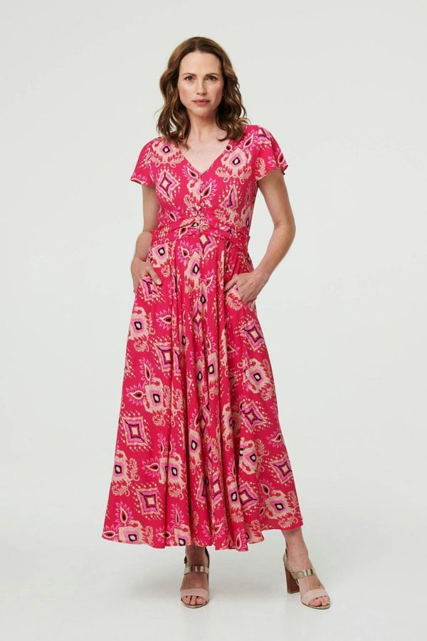 Pink | Printed Cap Sleeve Ruched Maxi Dress
