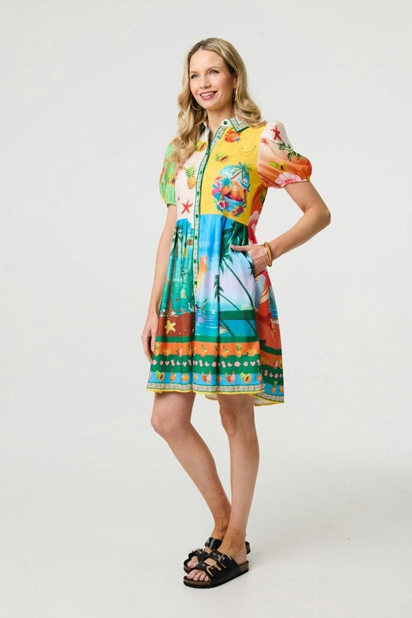 Green | Printed Puff Sleeve Short Shirt Dress
