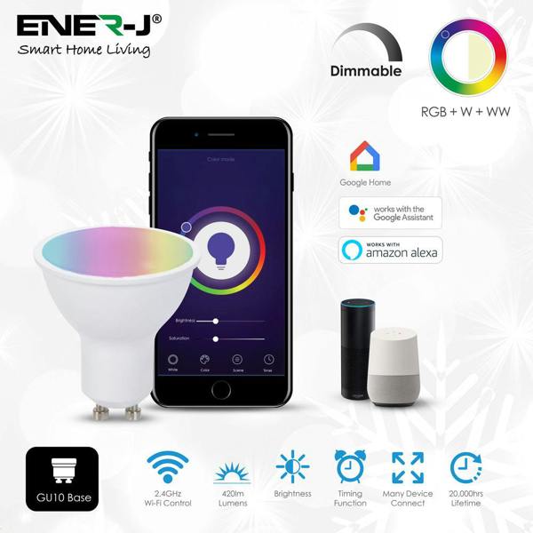 ENER-J 5W GU10 Smart WiFi LED Bulb, Dimmable RGB & Tunable White Spotlight, Alexa & Google Home Compatible - Single Pack