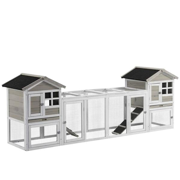 Grey outdoor 2-in-1 rabbit hutch with dual houses, wire mesh run and ramp