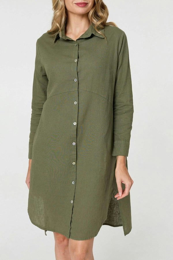 Khaki | Long Sleeve Split Hem Maxi Shirt Dress
