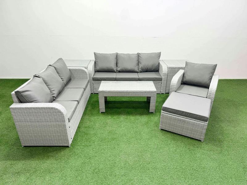 Fimous 8 Seater Patio Rattan Sofa Set, Coffee Table, Double 3 Seater Sofa, Reclining Chair, Big Footstool and 2 Side Tables, Light Grey