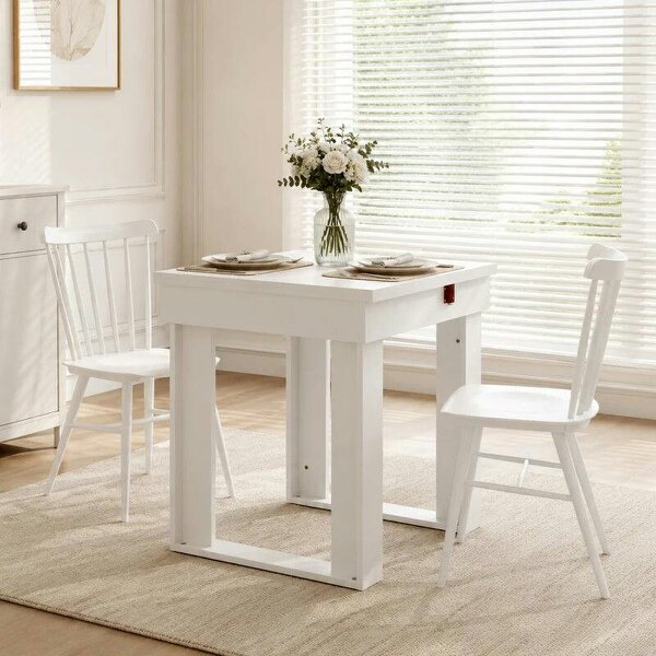 Folding Dining Table Under-Table Storage Extendable Kitchen Table Steel Rail White