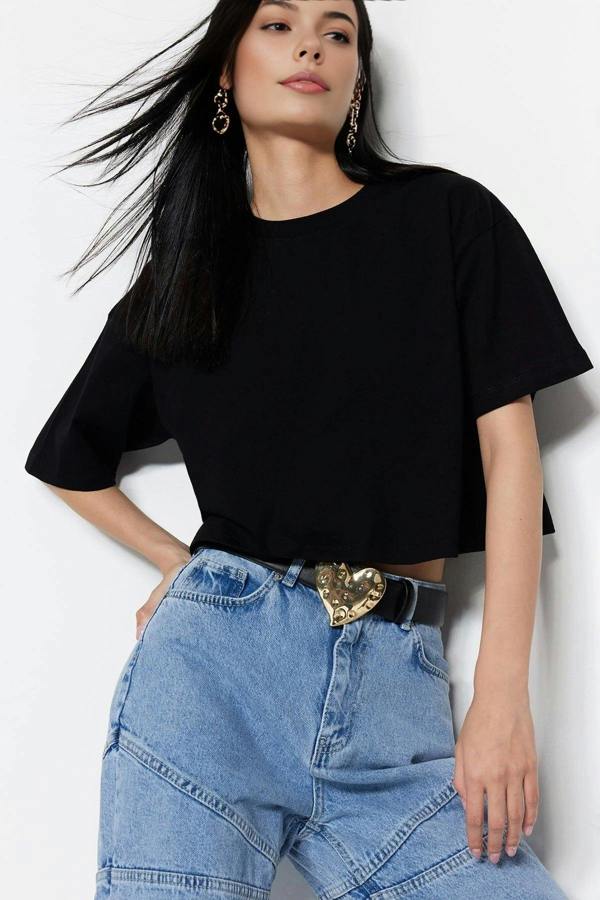 Relaxed Fit Crew Neck Crop T-Shirt