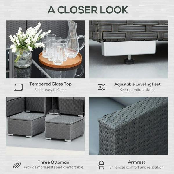 Outdoor rattan dining sofa set detail views showing table and sofa construction