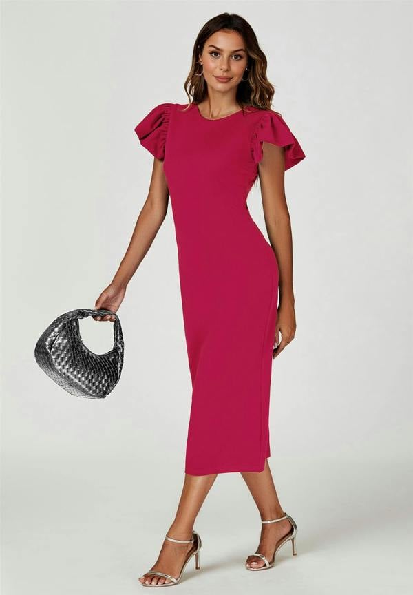 FS Collection Volume Sleeve Bodycon Midi Dress In Fuchsia