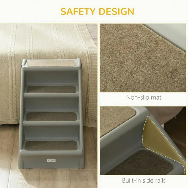 Grey pet stairs with non-slip mats on each step and built-in side rails