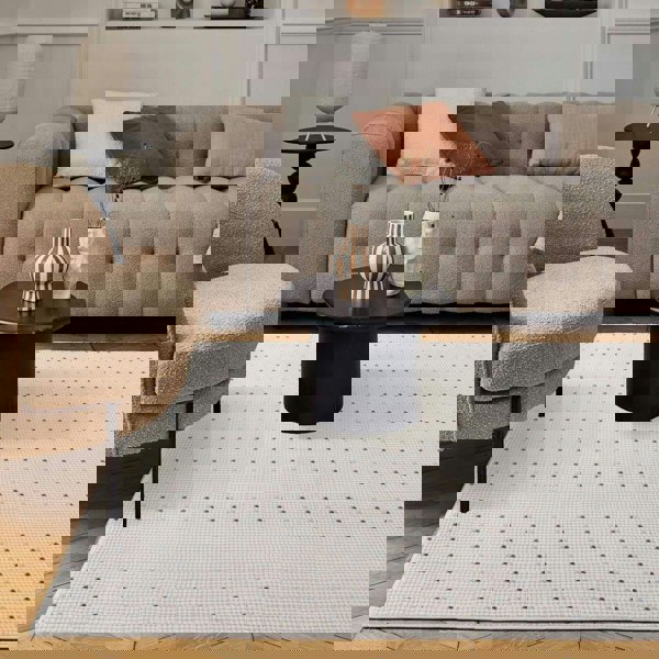 Living Room rug, blue-cream colours, dots, practicality in mind, the rug is anti-allergic.