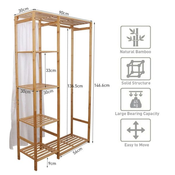 Rafaelo Mobilia Natural Wooden Bamboo Clothes Rail With 5 Shelves Open Wardrobe Garment Rail Garment Rack