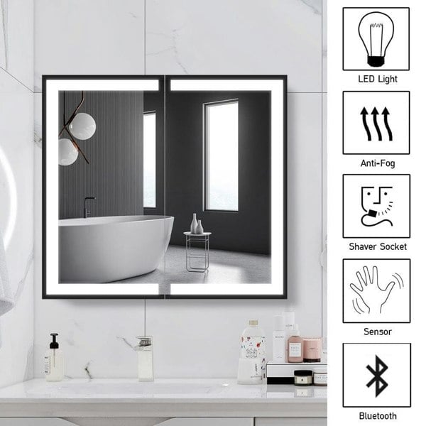 65W*60Hcm LED Mirror Cabinet Double Door Bathroom Mirror Cabinets Living and Home