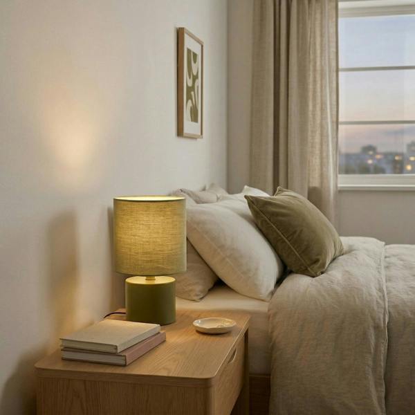 Modern Dusty Olive Green Table Lamp with Cotton Fabric Drum Shade Image 6