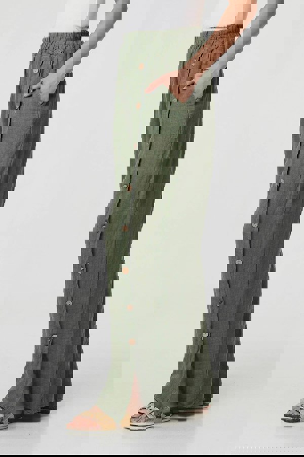 Khaki | Button Detail Wide High Waist Trousers
