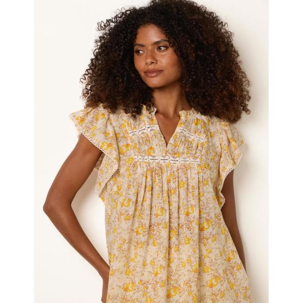 Blue Vanilla Ditsy Floral Cotton Ruffle Sleeve Top