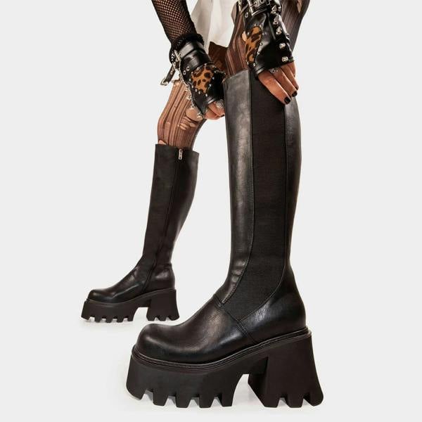 Lamoda For You Black PU Chunky Platform Knee High Boots Gothic Festival