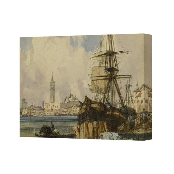 Benjamin Tate Design Canvas Art Print Harbor Scene With Sailing Ship On Wooden Frame UK Made