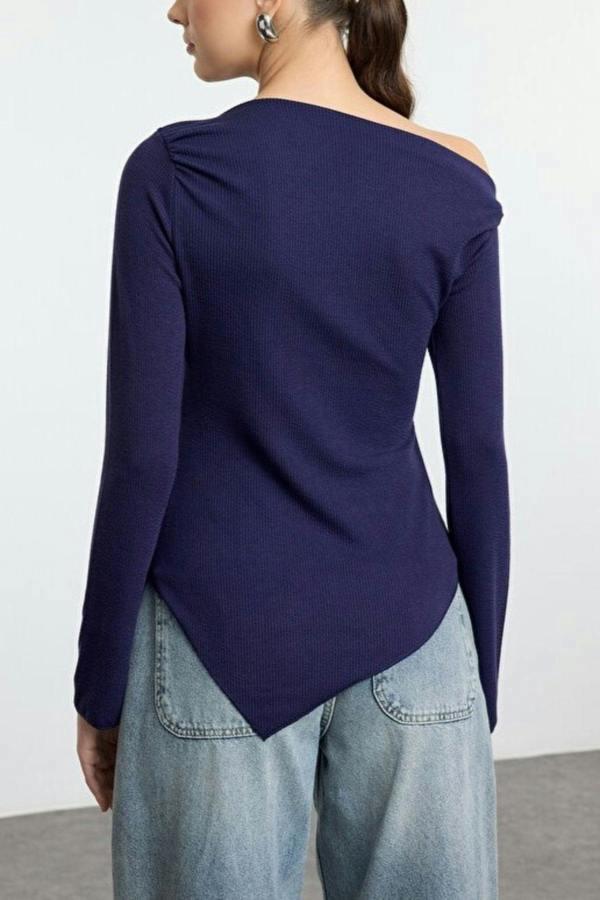 WOVCOR Draped Boat Neck Asymmetrical Long Sleeve Knit Blouse