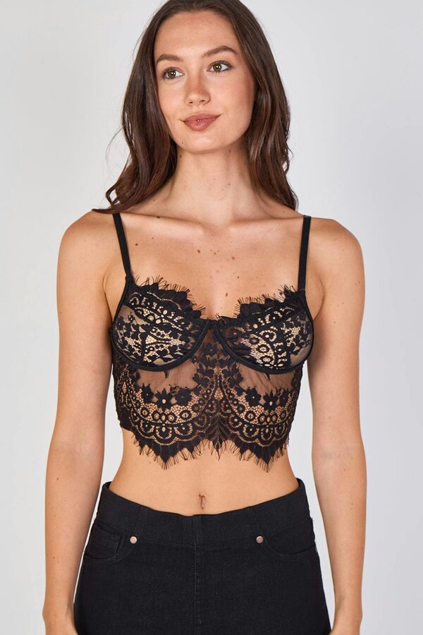 Elaina Fashion Sheer Lace Eyelash Trim Bralette - Black