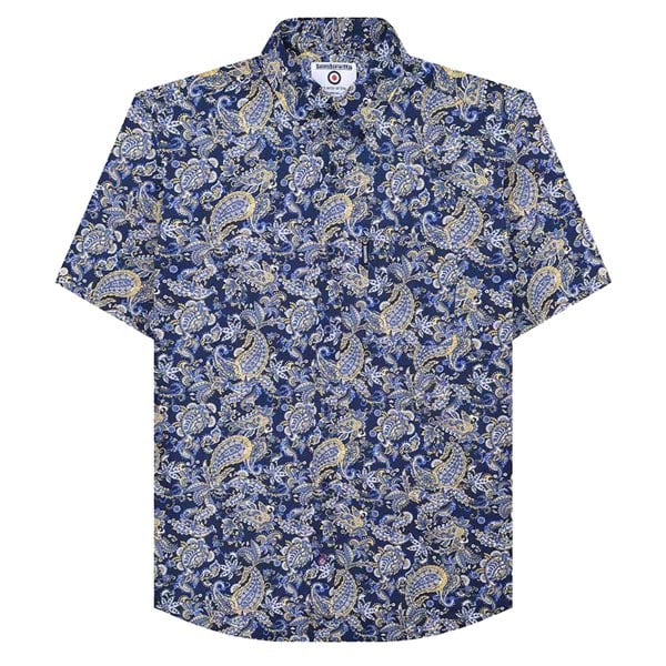 Lambretta Mens Paisley Short-Sleeved Shirt - Navy/White