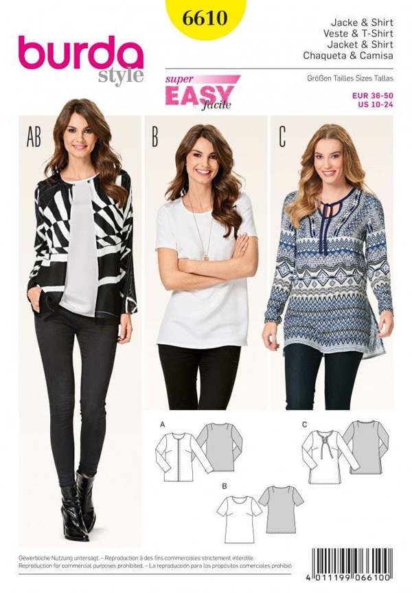 Burda Sewing Pattern 6610 Jackets, Tops and Tunics For Women, 10 to 24 - Easy