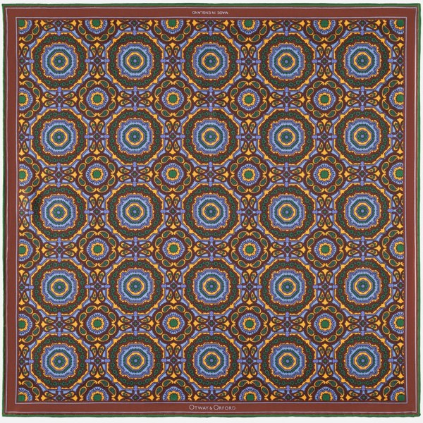 Whirligig medallion silk pocket square in blue, orange, brown & green by Otway & Orford