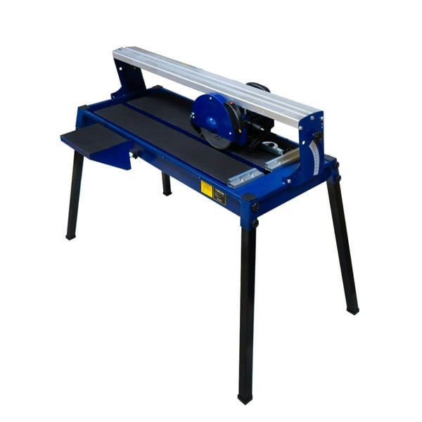 Wet tile cutter bench in blue, featuring a sturdy frame, adjustable cutting depth, and a powerful 800W motor for precise tile cutting