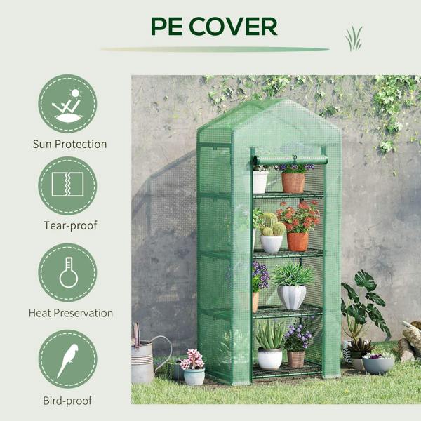 Green PE-covered mini greenhouse with roll-up entrance for sun protection and heat retention