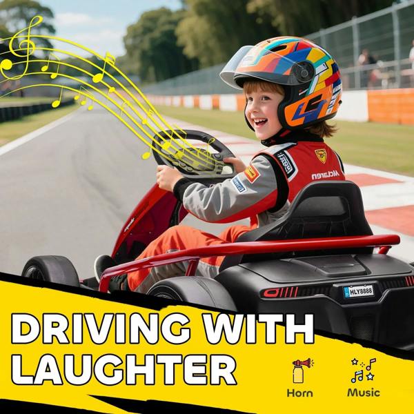 Red electric kids go-kart with helmeted child driver smiling, front-side view