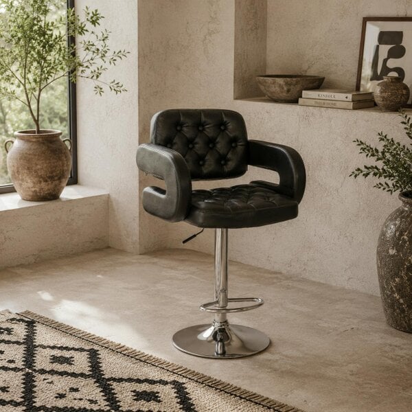 Wyld Haus Rina Faux Leather Black Adjustable Swivel Bar Stool With Armrests And Footrest
