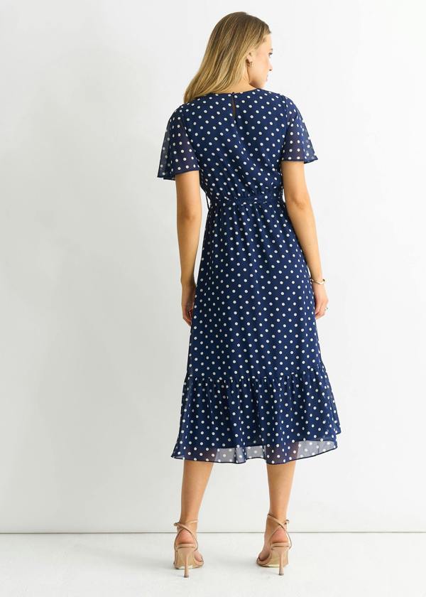 Gini London Navy Spot Chiffon Angel Sleeves Midi Dress