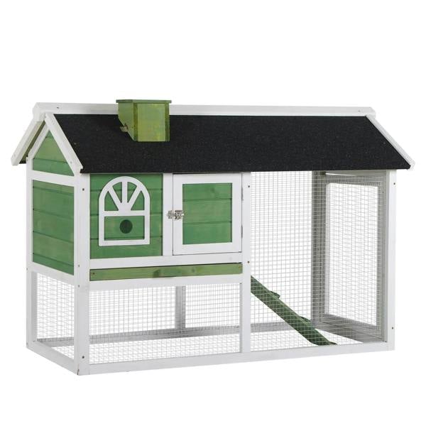Green and white rabbit hutch with mesh sides, black roof, and ramp