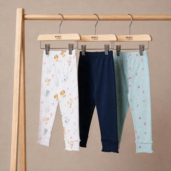 Mini Cuddles Baby Girls Printed Leggings Pack of 3, White, Mint and Navy Blue